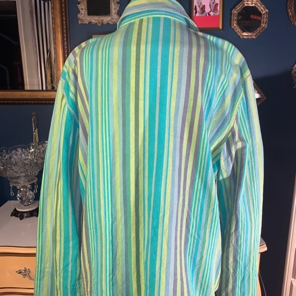 Green Stripe Linen Button Down Shirt Jacket Palm Tree Appliqué Woman’s Lg 12/14 - Picture 6 of 8